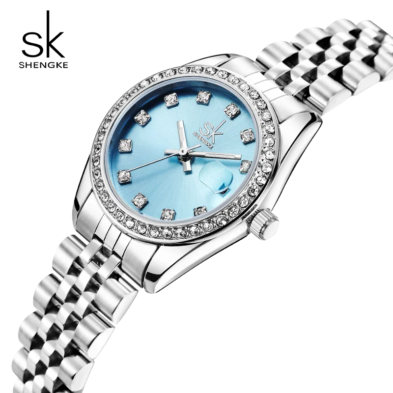 Shengke Elegant Women's Crystal-Accented Quartz Watch with Solid Alloy Steel Band and Calendar – Perfect Dress Watch for Women
