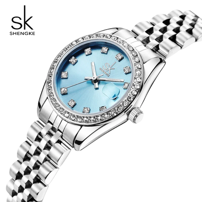 Shengke Elegant Women's Crystal-Accented Quartz Watch with Solid Alloy Steel Band and Calendar – Perfect Dress Watch for Women