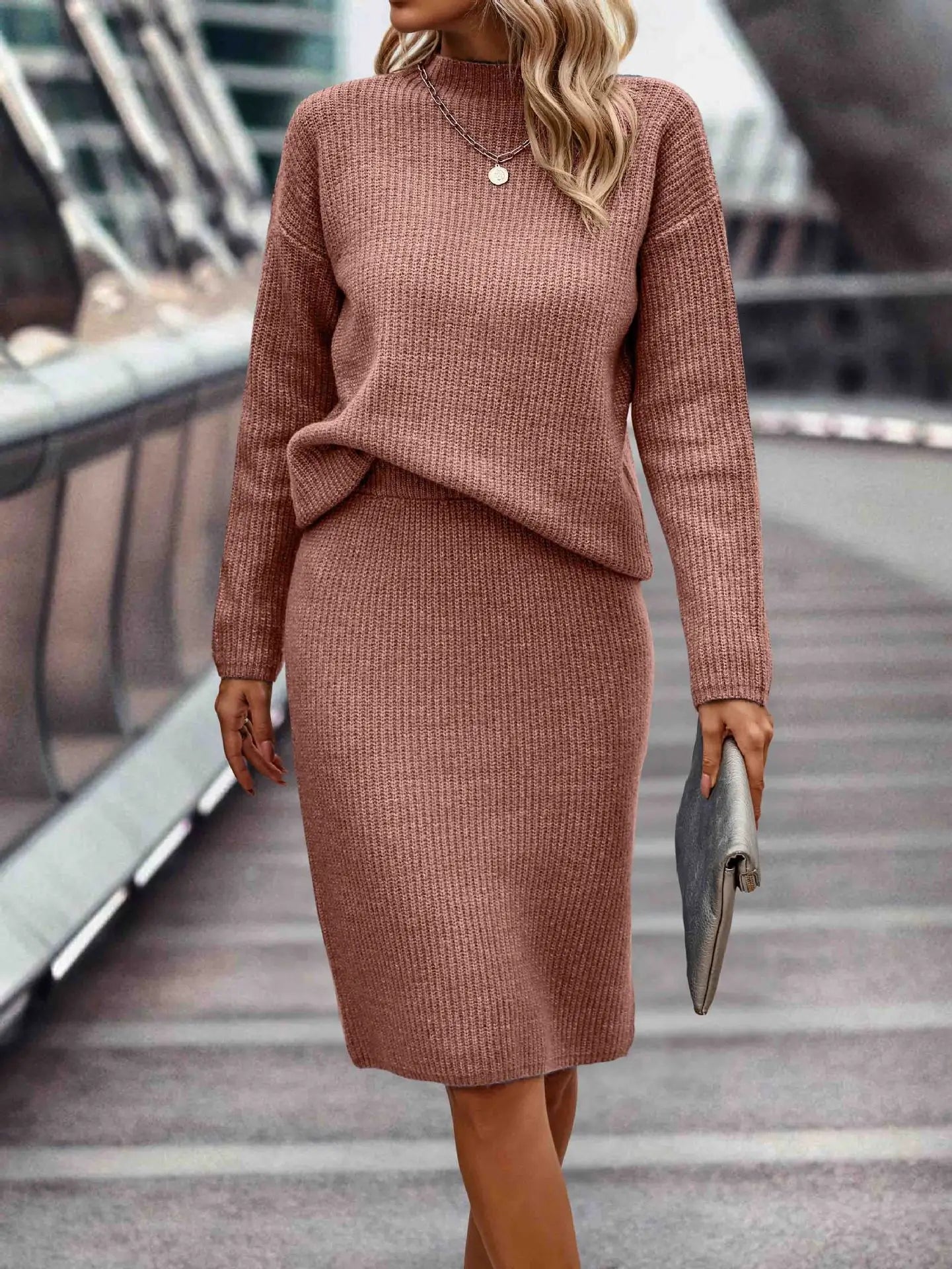 Women's Elegant 2-Piece Knitted Skirt Suit - Loose Fit Split Design with Casual Print for Autumn, Spring, and Winter Fidelia