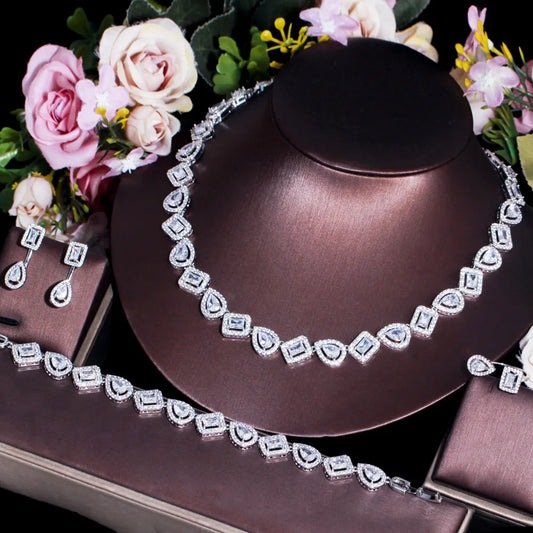 Silver Water Drop Cubic Zirconia Jewelry Set – 4pcs Ring, Bracelet, Earrings & Necklace | Luxury Accessories for Women Angelique