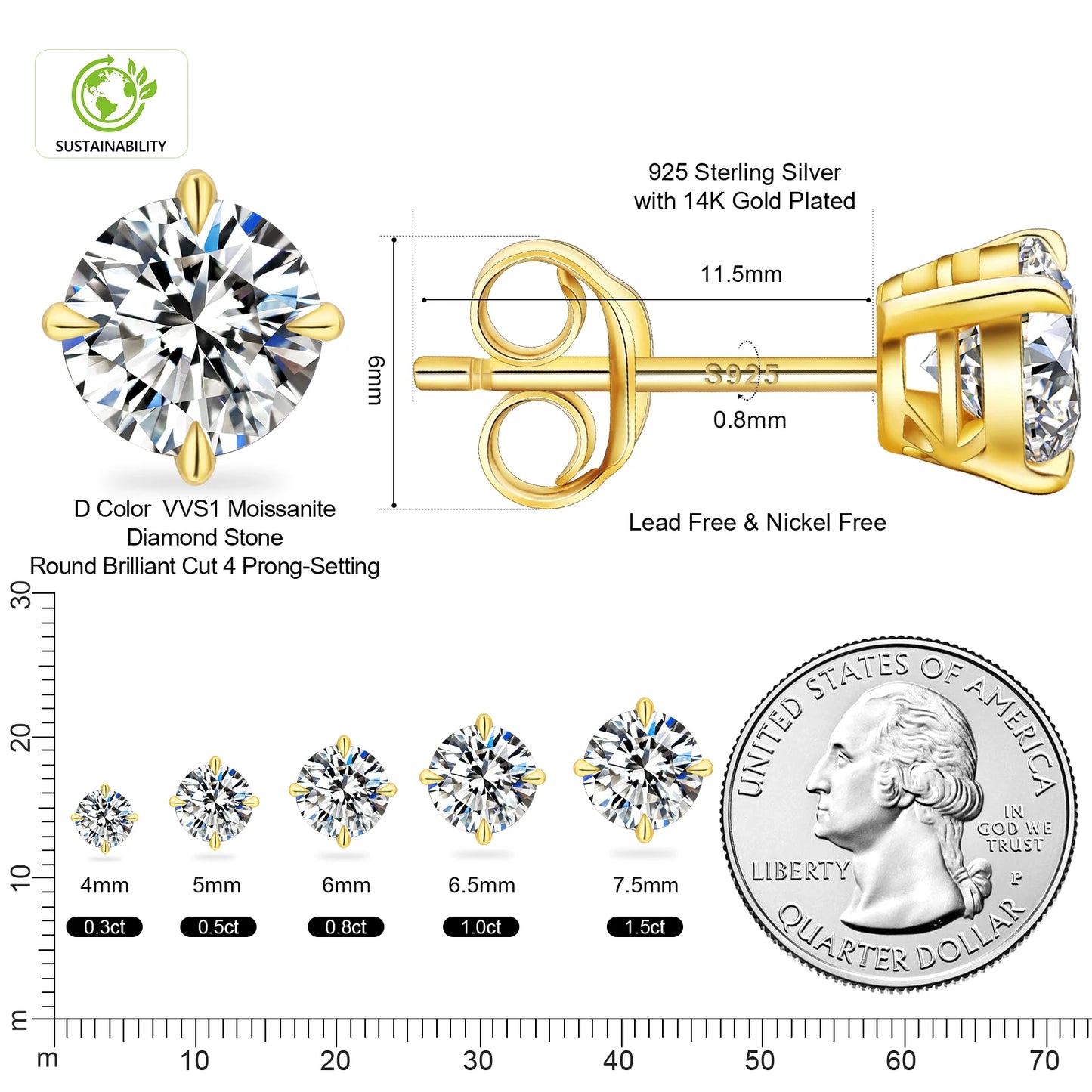 Sparkly Moissanite Stud Earrings - 925 Sterling Silver & 14K White Gold Jewelry for Men and Women