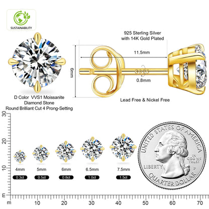 Sparkly Moissanite Stud Earrings - 925 Sterling Silver & 14K White Gold Jewelry for Men and Women