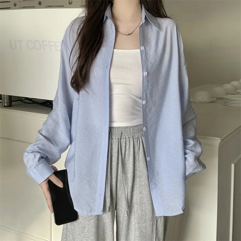 Women's Lightweight Long-Sleeve Shirt | Loose Korean-Style Single-Breasted Blouse Kara