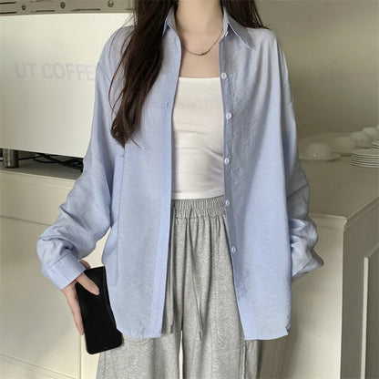 Women's Lightweight Long-Sleeve Shirt | Loose Korean-Style Single-Breasted Blouse Kara