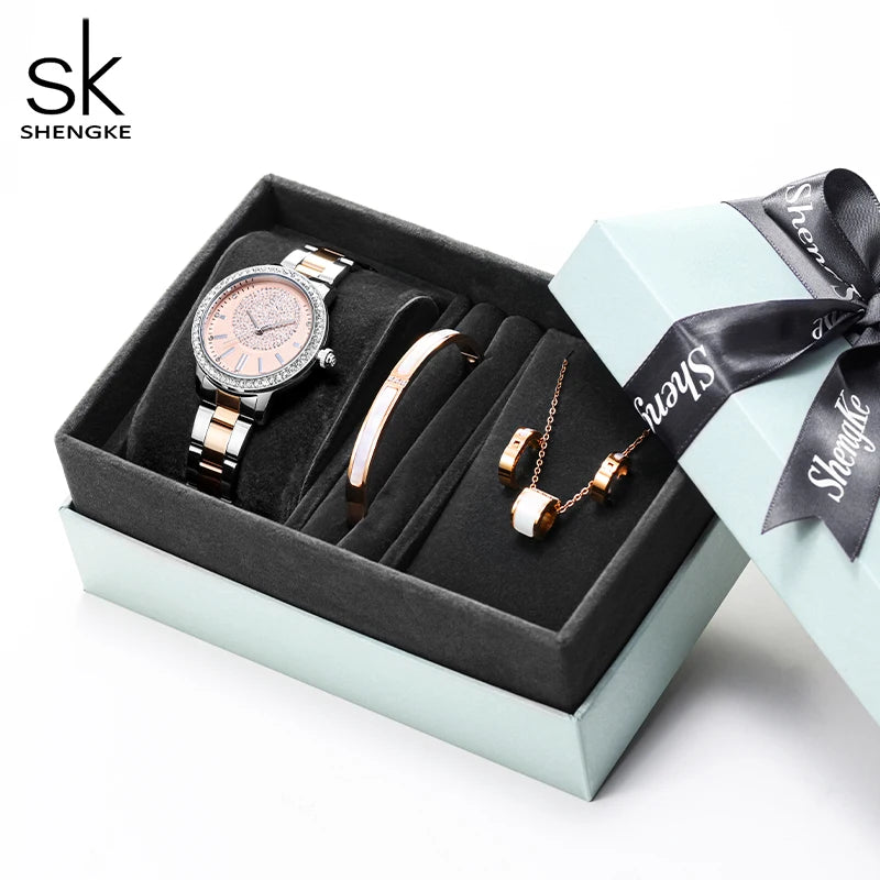 SHENGKE Women’s Luxury Watch Gift Set – 4‑Piece Jewelry Box with Necklace, Earrings & Bracelet Annabelle