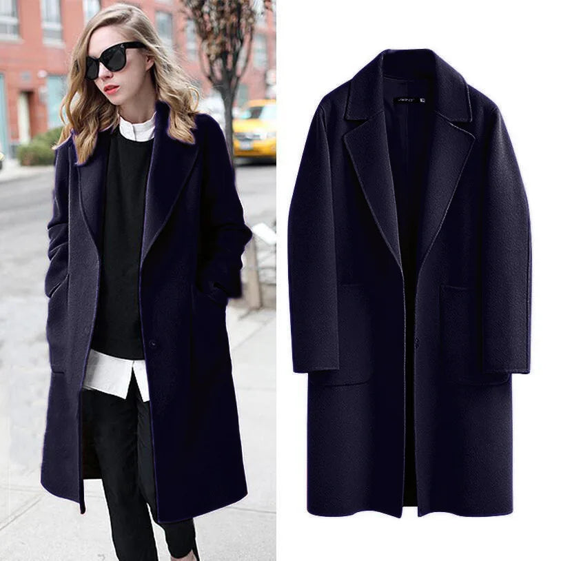 Women's Double-Sided Woolen Coat - Long Loose Jacket with Cotton Filling & Pockets for Autumn Winter Catrina