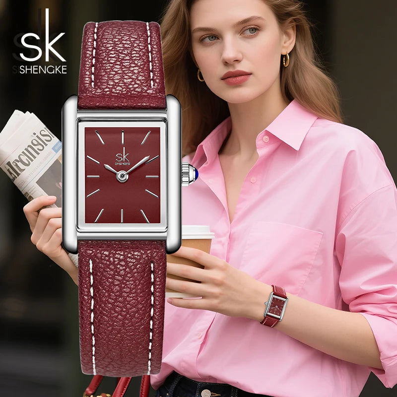 Shengke Women’s Silver Leather Watch – Elegant Ladies’ Quartz Wristwatch with Gift Box Temperance