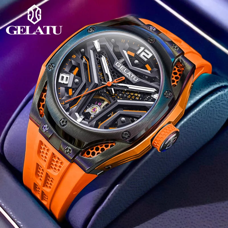 GELATU 6007 Men's Hollow Automatic Mechanical Skeleton Sports Watch with Silicone Strap - Original Design