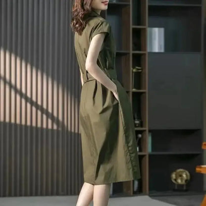 Summer Women's Solid Color Short Sleeve Shirt Dress – Waist Tie, Loose Fit, Slim and Stylish Design Zélie
