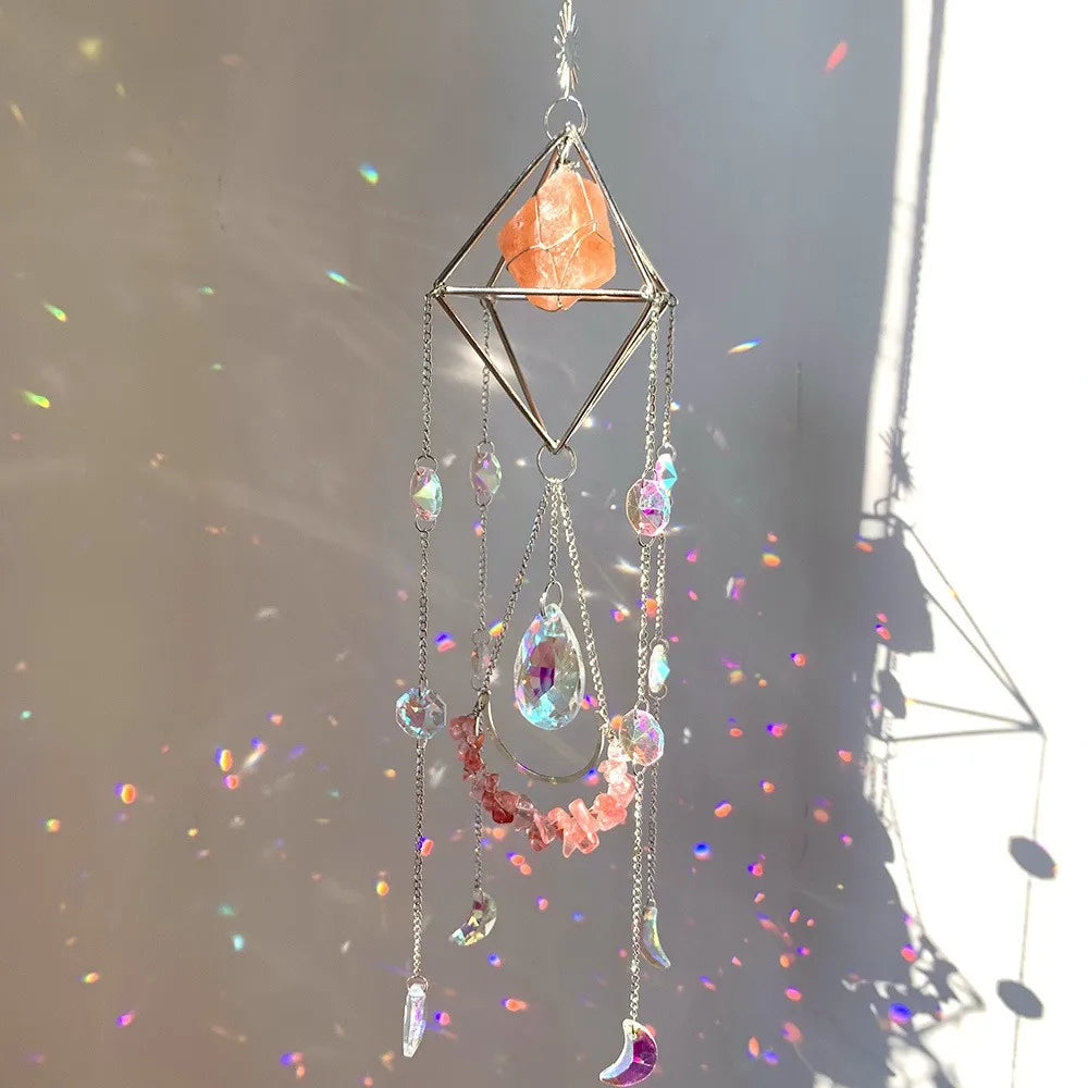 Natural Crystal Handmade Sun Catcher | Moon-Shaped Rainbow Prism Decor