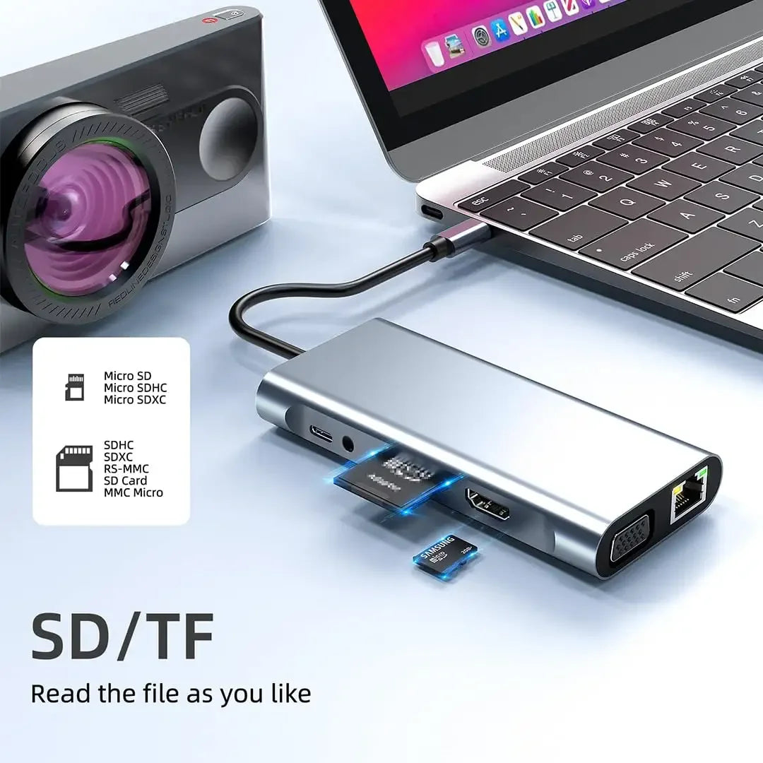 Multifunction 11-in-1 USB-C Hub – 4K 30Hz HDMI Multiport Adapter with 4 USB 3.0 Ports, 3.5mm AUX, and 11-Port Docking Station for Laptops