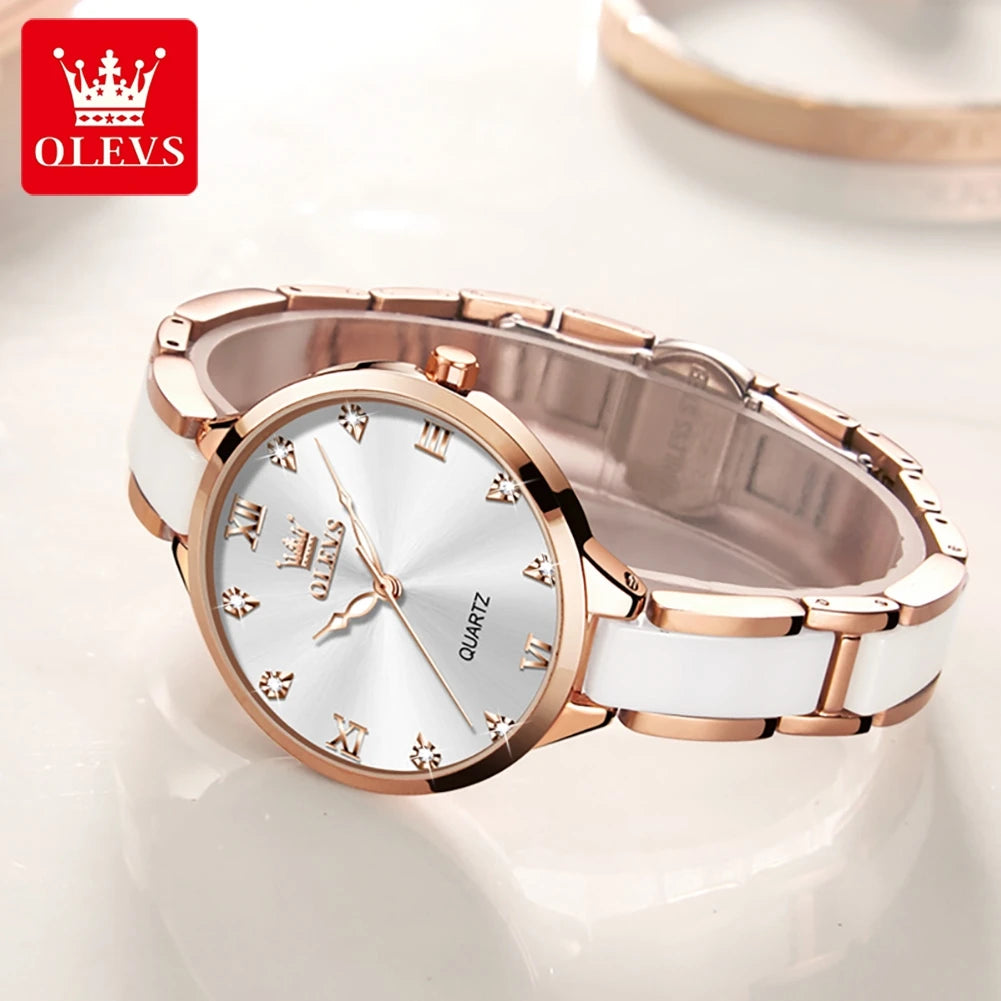 OLEVS 5872 Elegant White Ladies Quartz Watch: Designer Steel Strap Ceramic Business Wristwatch | Stylish & Popular for Sale