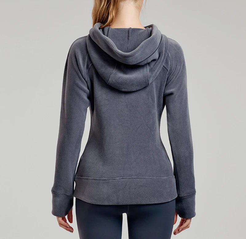 Women's Fleece Thickened Hoodie Jacket – Full Zip Winter Workout Top with Zipper Pocket, Warm Yoga Sweatshirt for Women