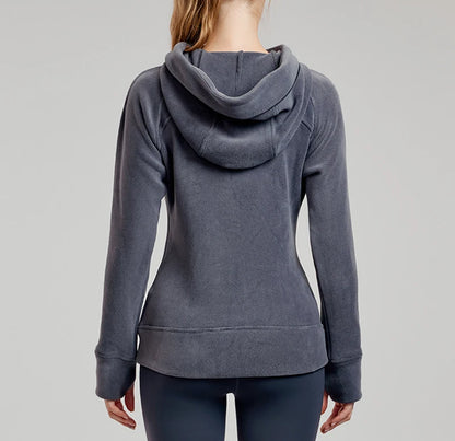 Women's Fleece Thickened Hoodie Jacket – Full Zip Winter Workout Top with Zipper Pocket, Warm Yoga Sweatshirt for Women