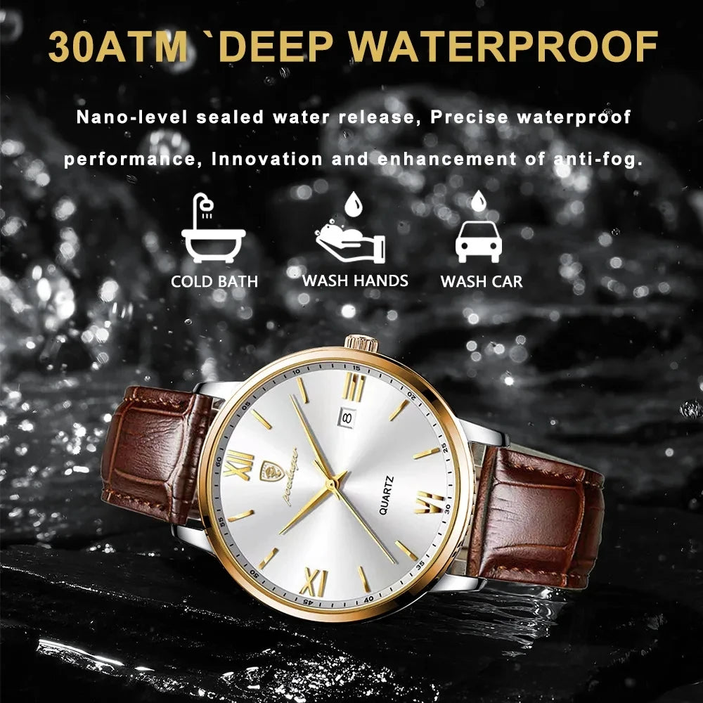 POEDAGAR 826 Leather Quartz Watch – Luxury Waterproof Sports Watch for Men, Business Wristwatch with Date Display Samuel