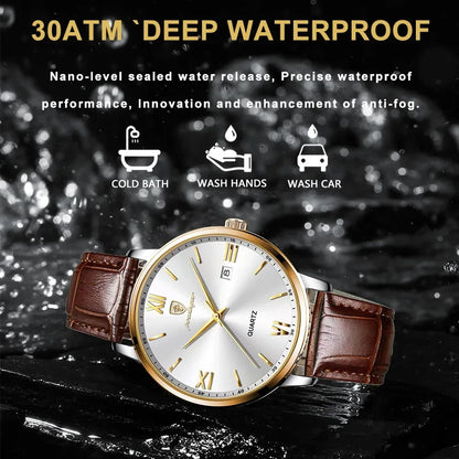 POEDAGAR 826 Leather Quartz Watch – Luxury Waterproof Sports Watch for Men, Business Wristwatch with Date Display Samuel