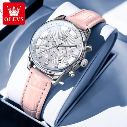 OLEVS 3669 Women's Quartz Watch – Multifunctional Elegant Wristwatch with White Leather Band, Calendar, and Luminous Hands – Perfect Gift for Ladies