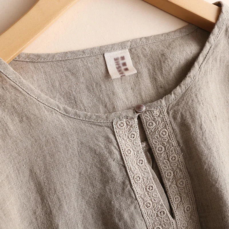 Women Cotton Linen Shirt New Pullover Art Style Round Neck Shirt Loose 3/4 Sleeves