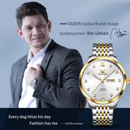 OLEVS 2943 Fashion Quartz Watch – Stainless Steel Band, Round Dial, Week Display & Calendar