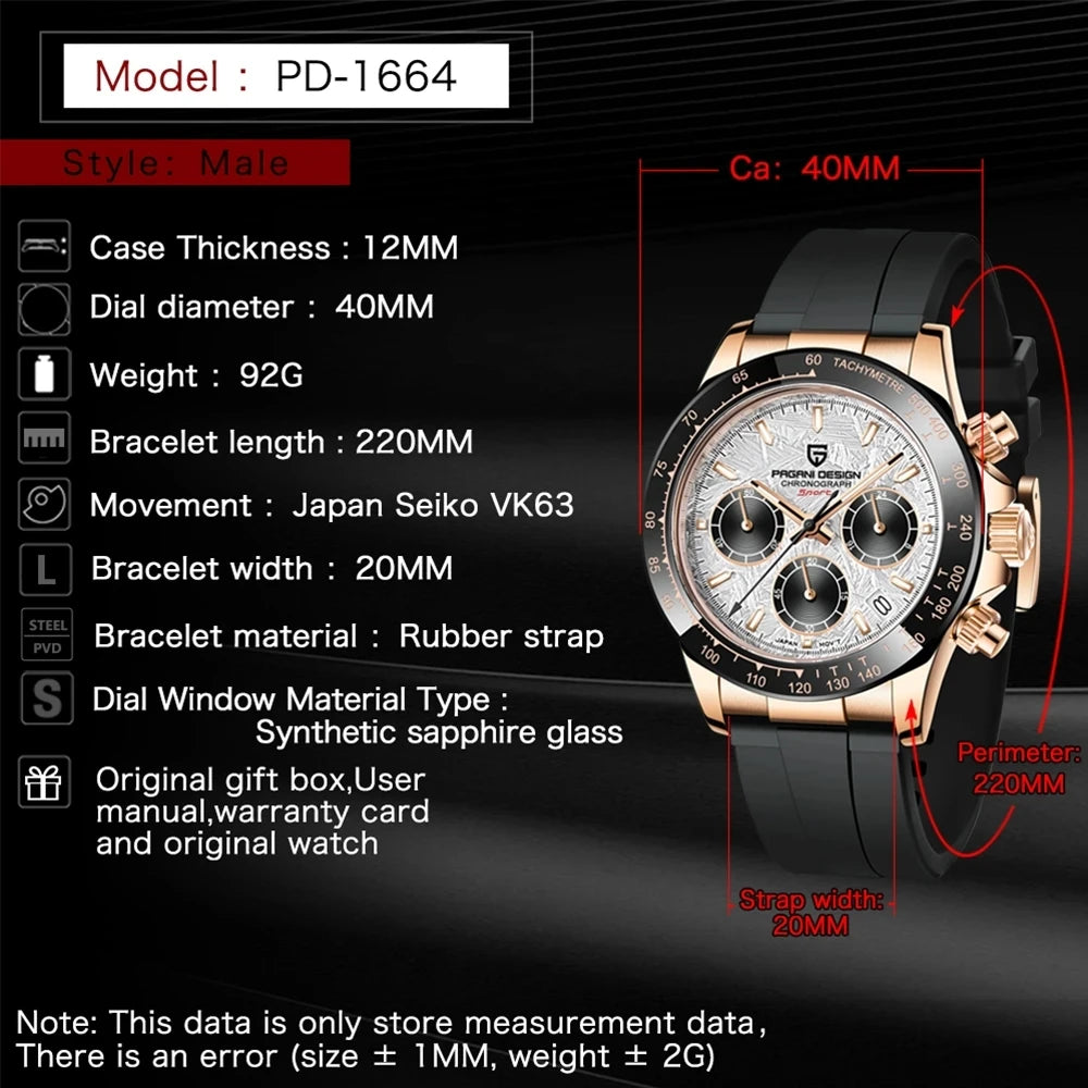 PAGANI DESIGN 1664 – Men's Luxury Quartz Chronograph Watch, Waterproof Business Sport Wristwatch with Date Function