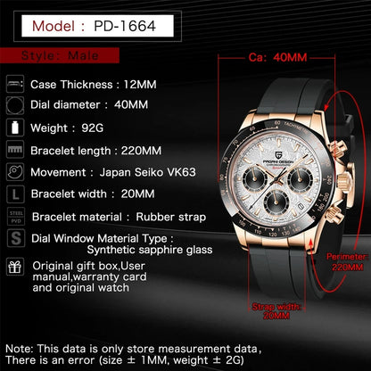 PAGANI DESIGN 1664 – Men's Luxury Quartz Chronograph Watch, Waterproof Business Sport Wristwatch with Date Function