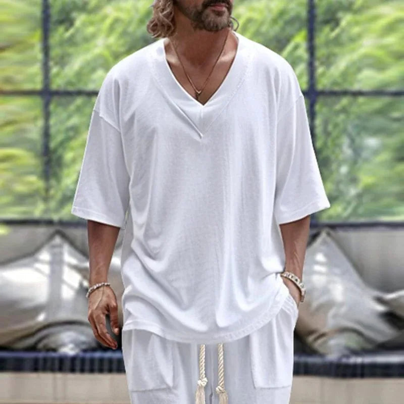 Men's Summer Two-Piece Set | Casual V-Neck Short-Sleeve T-Shirt & Pants in Fashionable Solid Colors Andrew