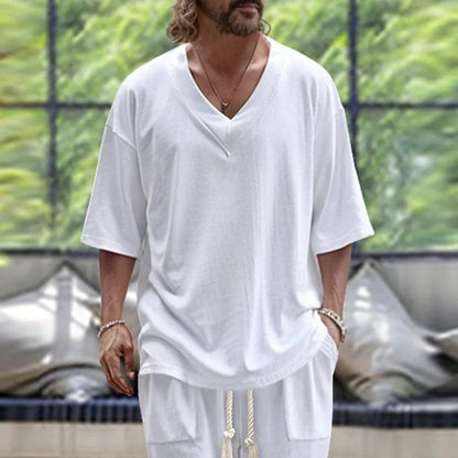 Men's Summer Two-Piece Set | Casual V-Neck Short-Sleeve T-Shirt & Pants in Fashionable Solid Colors Andrew