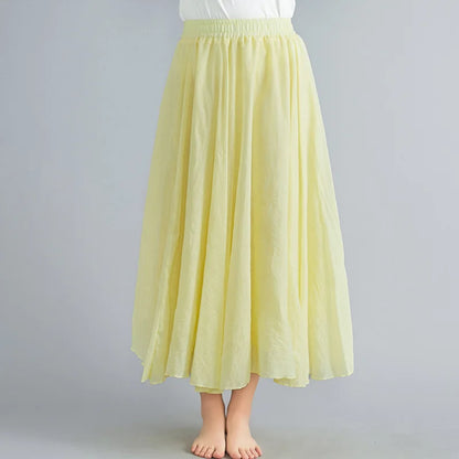 Women Loose Cotton Linen Elastic Waist A-line Solid Color Pleated Skirt