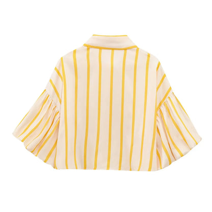 Women's Vintage Print Cropped Blouse – Loose, Comfortable with Puff Sleeves and Back Elastic