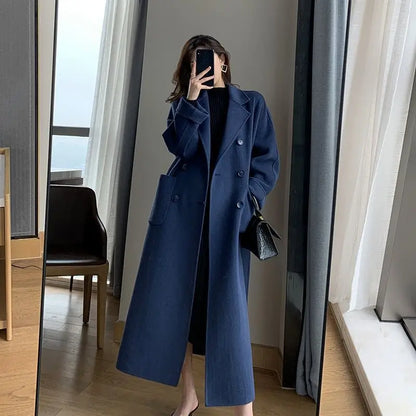 Women's Long Wool Coat – Elegant Solid Color Lapel V-Neck Midi Overcoat Victoria