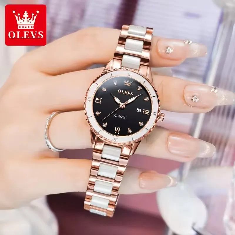 OLEVS 9985 Women’s Quartz Wristwatch – Original Brand Luxury Ceramic & Stainless Steel Waterproof Ladies Watch, Elegant Female Gift (Reloj / Montre Femme)