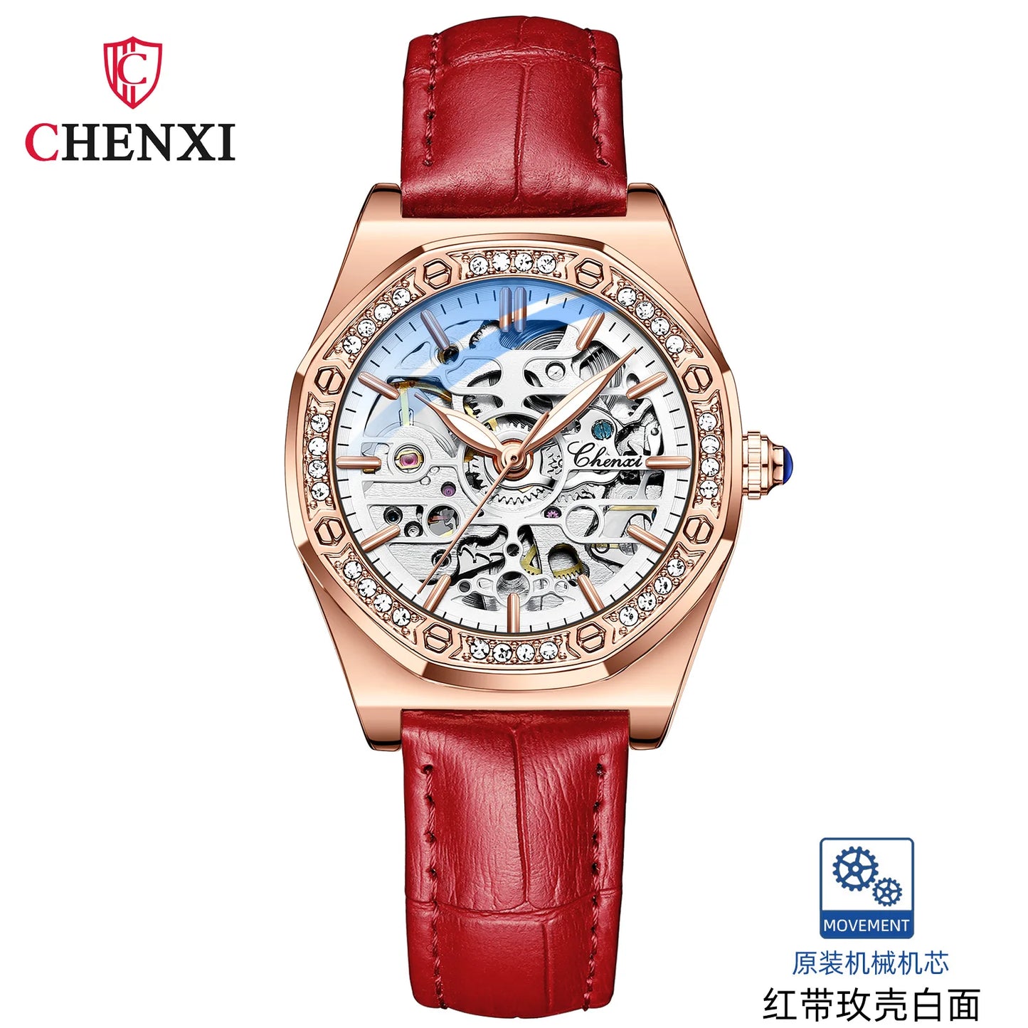 CHENXI Women’s Skeleton Diamond Automatic Watch | 8848 Luxury Stainless Steel Mechanical Wristwatch – Waterproof Bracelet for Girls & Women