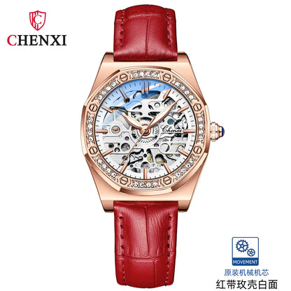 CHENXI Women’s Skeleton Diamond Automatic Watch | 8848 Luxury Stainless Steel Mechanical Wristwatch – Waterproof Bracelet for Girls & Women