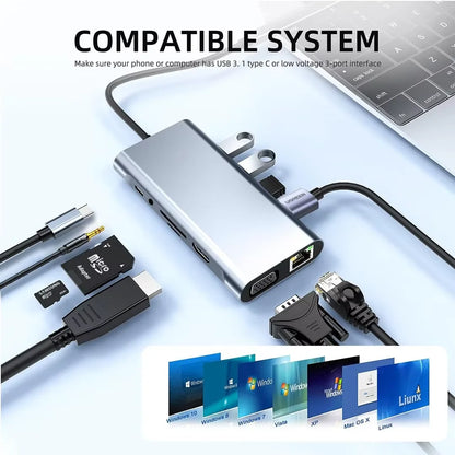 Multifunction 11-in-1 USB-C Hub – 4K 30Hz HDMI Multiport Adapter with 4 USB 3.0 Ports, 3.5mm AUX, and 11-Port Docking Station for Laptops