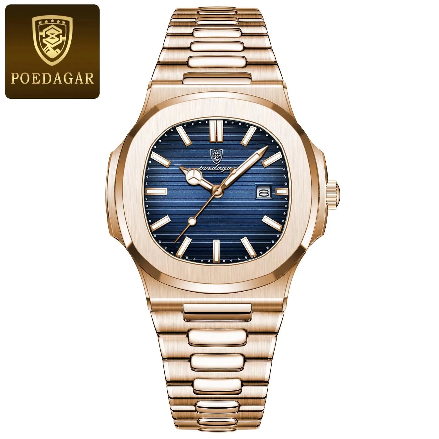 POEDAGAR 613 Men's Luxury Gold Watch – Fashion Square Quartz Business Watch with Stainless Steel, Waterproof, Luminous, and Date Display Thierry