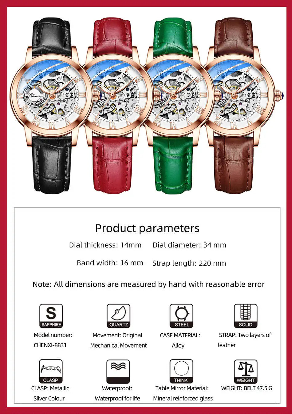 CHENXI 8831 Women’s Casual Rose Gold Skeleton Watch – Fully Automatic Mechanical Wristwatch with Luminous Steel Band