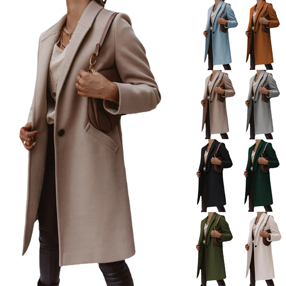 Women's Solid Color Woolen Coat - Lapel Button Mid-Length Autumn & Winter, Office Wear Cathy