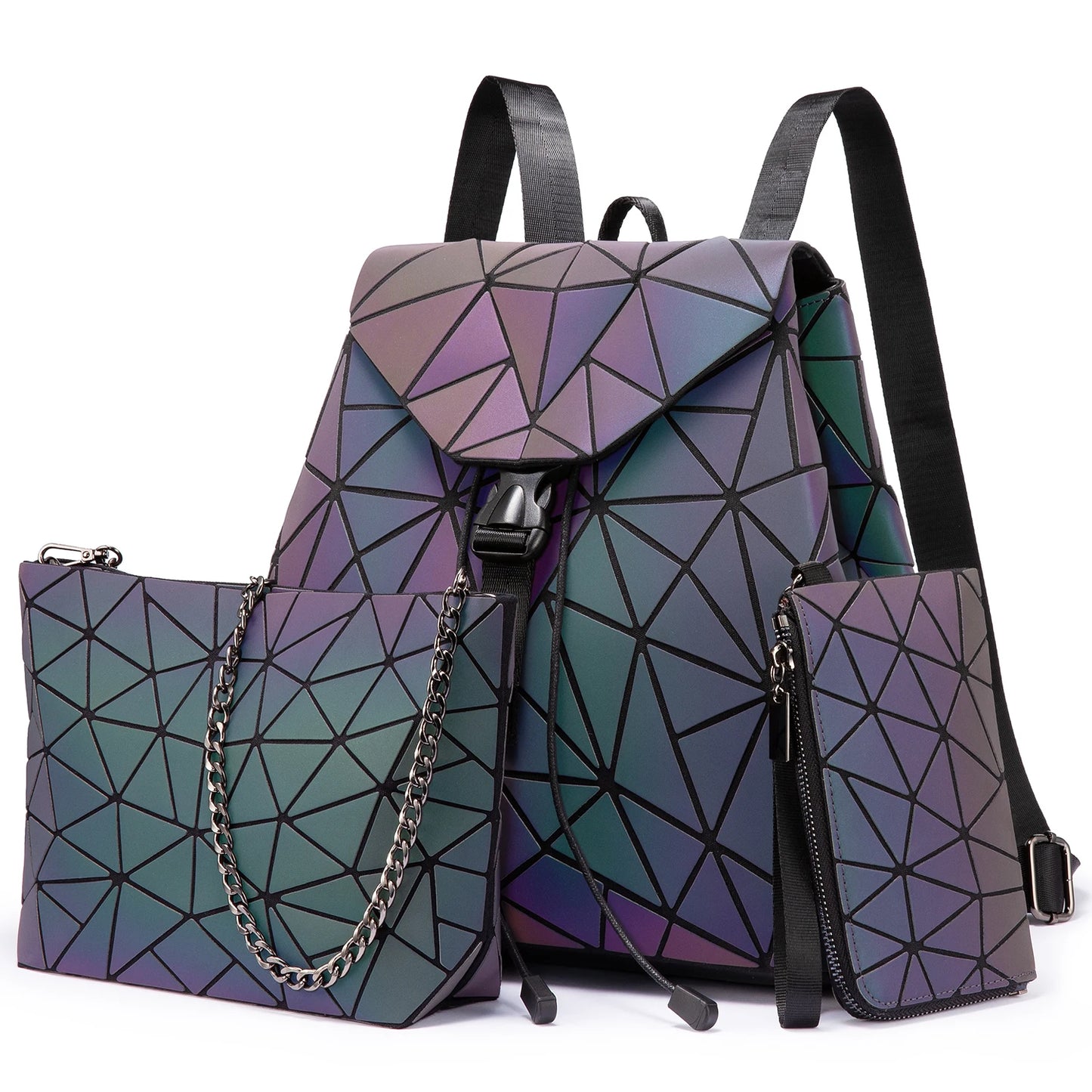 Women Reflective Back Pack Set Crossbody Bags for Ladies Girl Geometric Luminous School Backpack Sasha