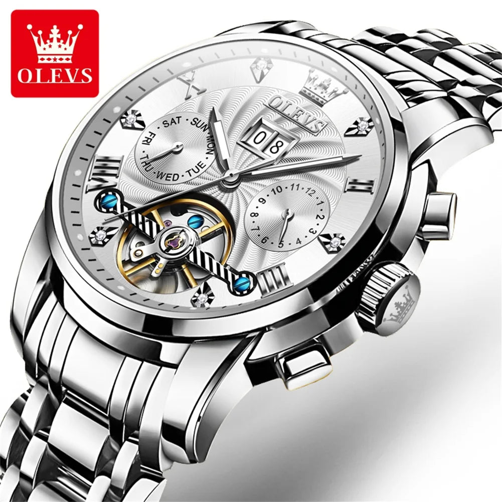 OLEVS 9910 Men's Luxury Tourbillon Watch - Automatic Mechanical, Stainless Steel Strap, Waterproof, Luminous Dial, Auto Date Display, Business Style