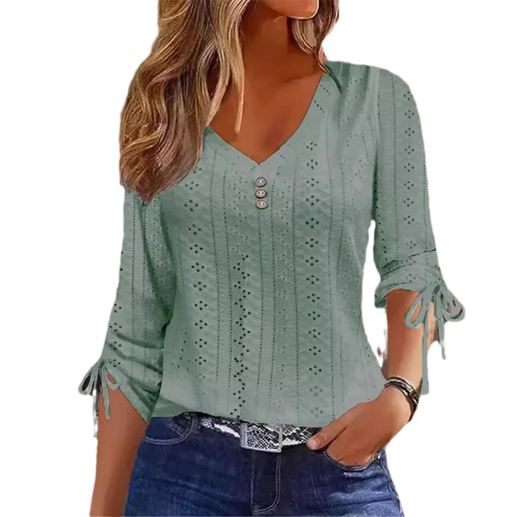 Autumn/Winter Solid Color Jacquard V-Neck Button-Up Long-Sleeve Top