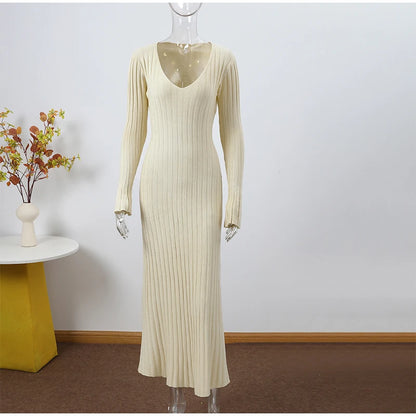 Elegant Ribbed Knit A-Line Maxi Dress for Women – Fall Winter V-Neck Long Dress | Simple & Chic Style Alexa