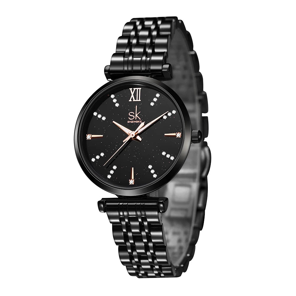 Shengke Women’s Stainless Steel Watch – Black Waterproof Quartz Wristwatch for Easy Matching Prudence
