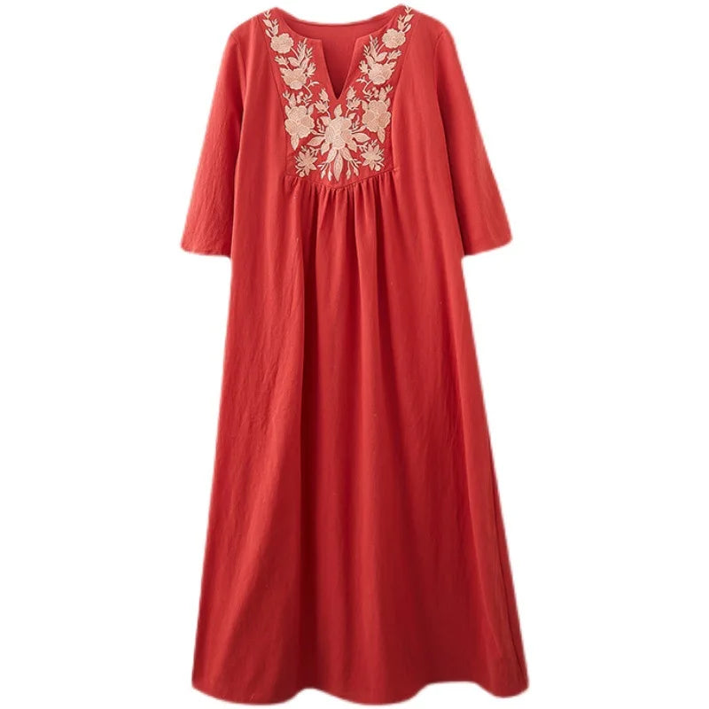 Women's Ethnic-Style V-Neck Embroidered Dress – Loose-Fit, 3/4 Sleeves, Mid-Length Summer Fashion