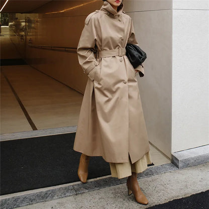 Women's Slim Fit Trench Coat – Mid-Length Korean Style with Standing Collar and Lace-Up Waist for Autumn Cinder