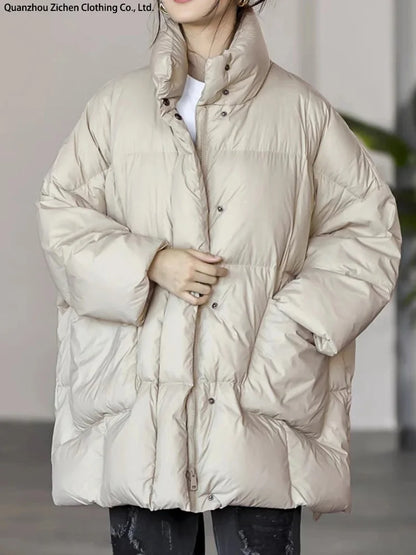 Women's Winter Warm Down Jacket – Windproof Quilted Coat with Stand Collar, Big Pockets