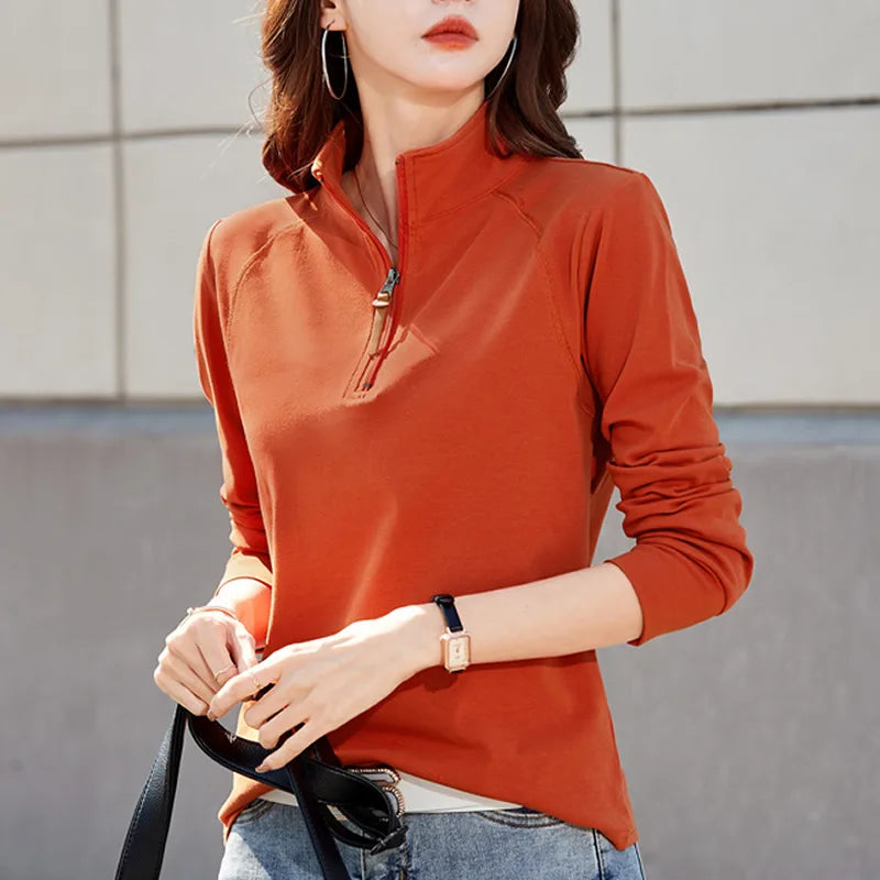 Women's Spring T-Shirt - Zipper Lapel Stand Collar, New Style