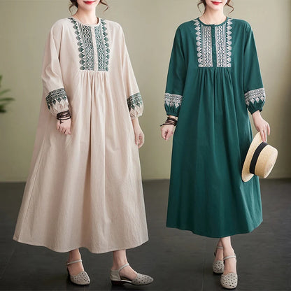 Women’s Loose Embroidered Long Dress – Extra Wide Cotton Linen with Round Neck
