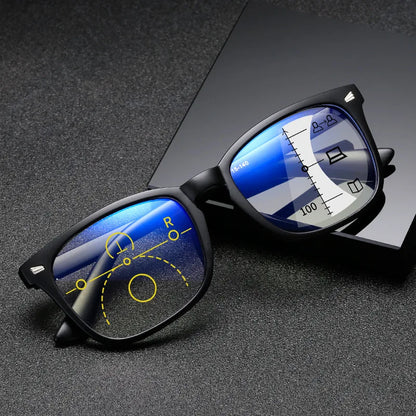 Progressive Multifocus Anti-Blue Light Reading Glasses - Auto Zoom Bifocal Presbyopic Eyewear for Distance & Near Vision Skylar