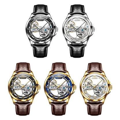 OLEVS 6661 Men's Mechanical Watch – New Design, Skeleton Dial, Real Leather Band, Waterproof, Transparent Mirror Wristwatch