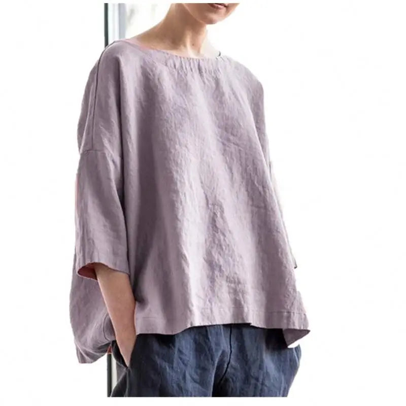 Women Summer Ladies Blouse Cotton Linen Casual Loose Blouses T-shirt Clothing Casual Pullover Shirt